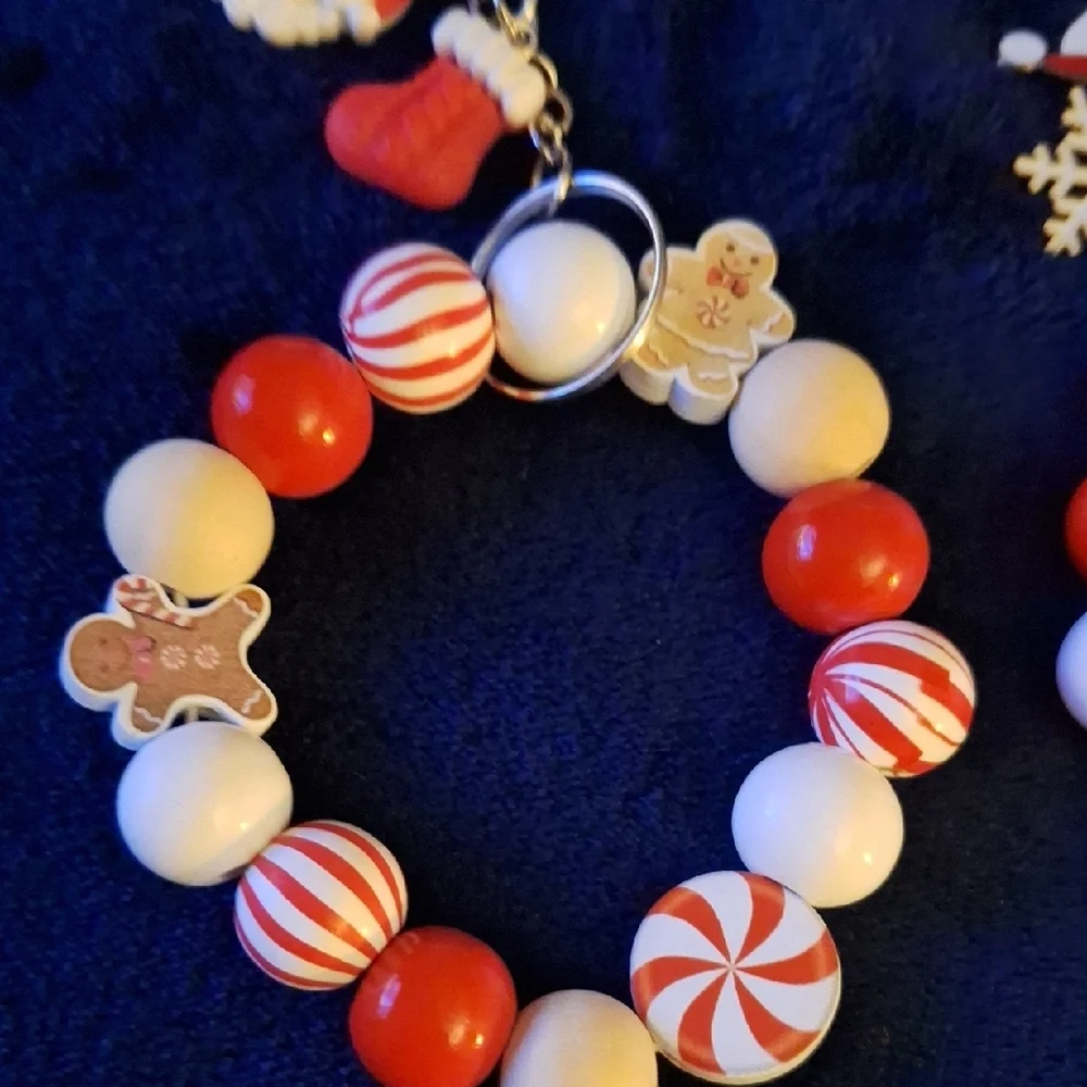 Festive Holiday Red and White Beaded Keychains Bracelets